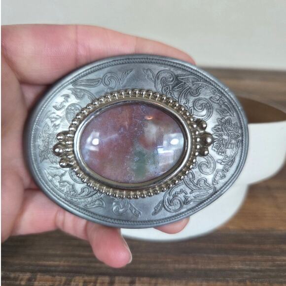 Western Floral Scott Cowgirl Pink Quartz Stone Belt Buckle White Leather Belt